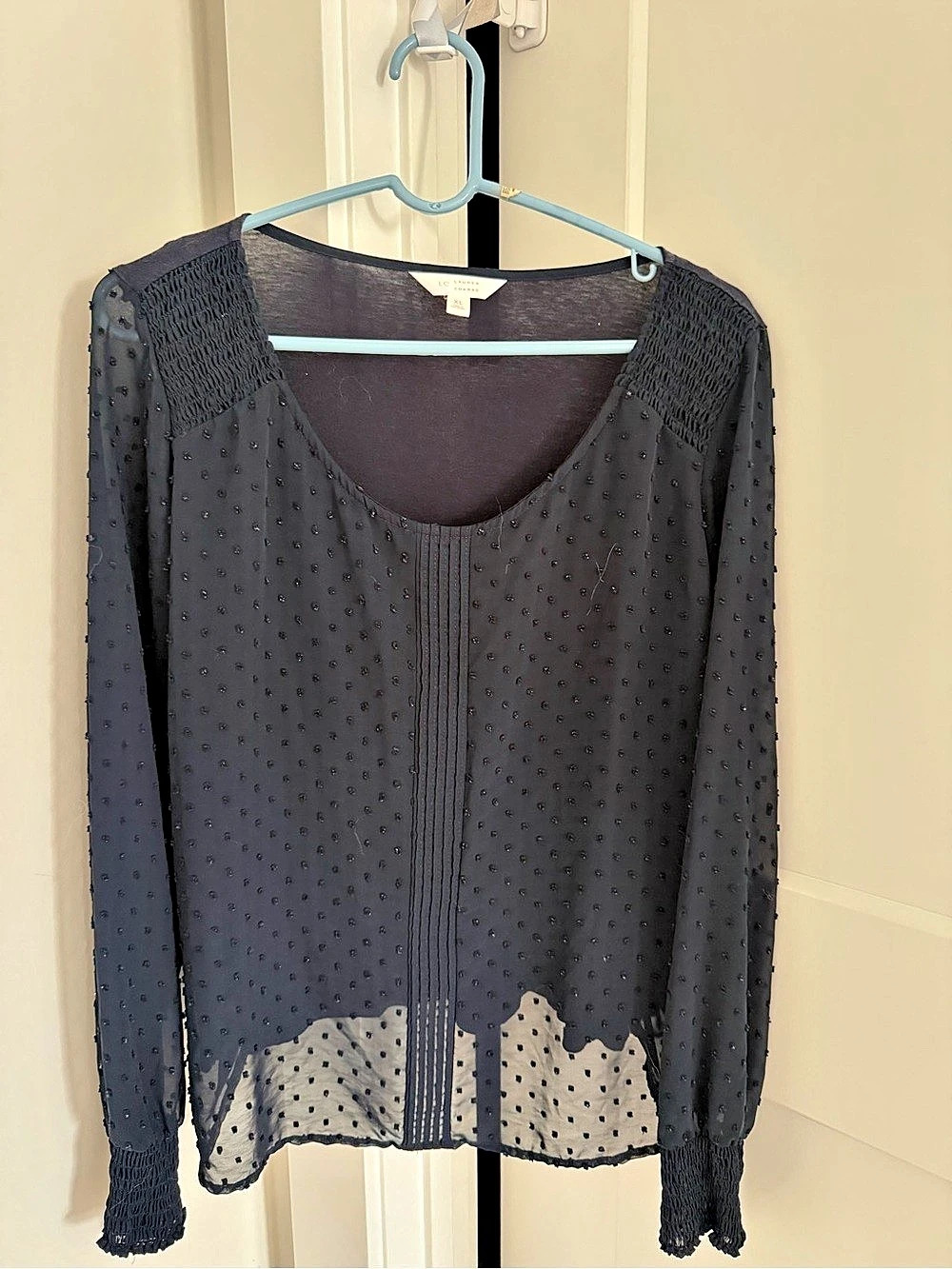 Lauren Conrad Polka Dot Long Sleeve Blouse in Navy Blue XL Like New